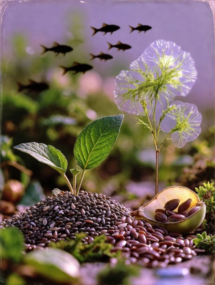 giant glowing chia seed sprouting tiny translucent fish skeletons, giant glowing chia seed sprouting tiny translucent fish skeletons,