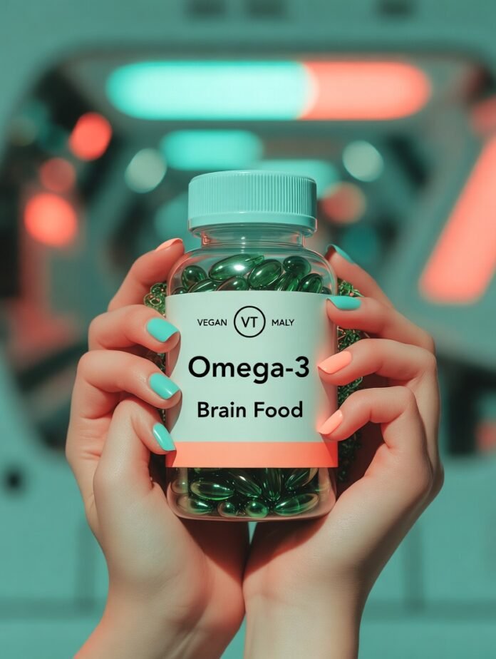 quirky bottle of vegan omega-3 capsules shaped like quirky bottle of vegan omega-3 capsules shaped like