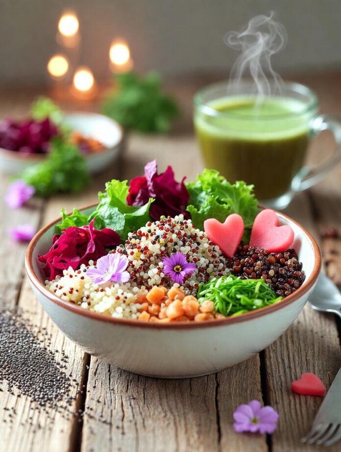 colorful quinoa bowl topped with edible purple pansies colorful quinoa bowl topped with edible purple pansies