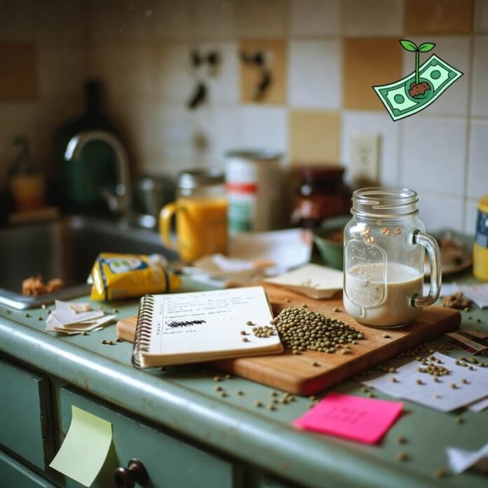 cluttered kitchen counter with bulk bags of lentils half-spilled cluttered kitchen counter with bulk bags of lentils half-spilled