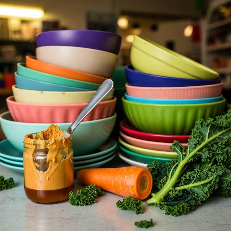 Cluttered kitchen counter with peanut butter and wilted kale