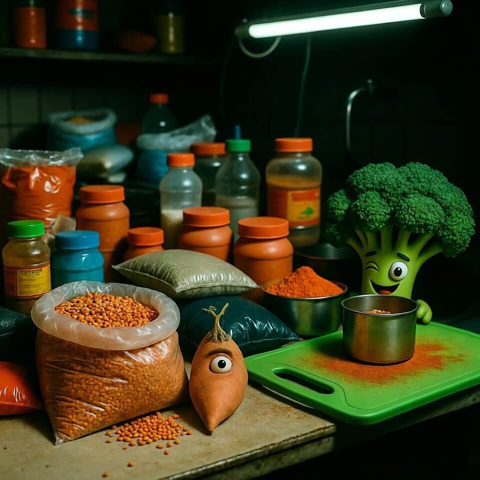 Cluttered Faridabad kitchen counter with spilling chickpeas and winking broccoli mascot