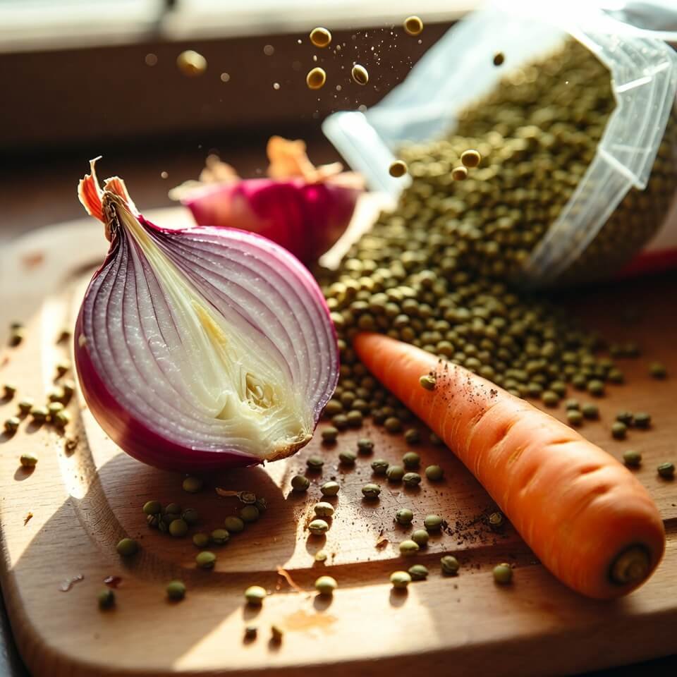 Close-up of stained cutting board with onion, carrot, and spilling lentils