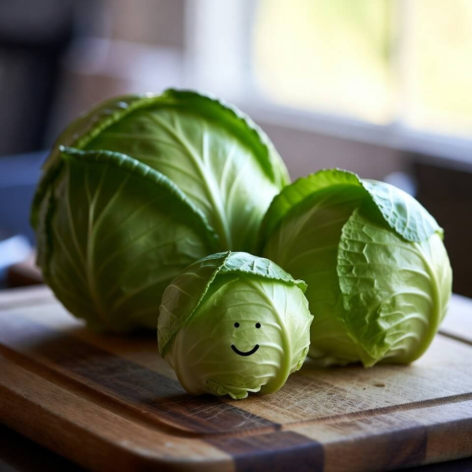 Three cabbages posed like a family on cutting board