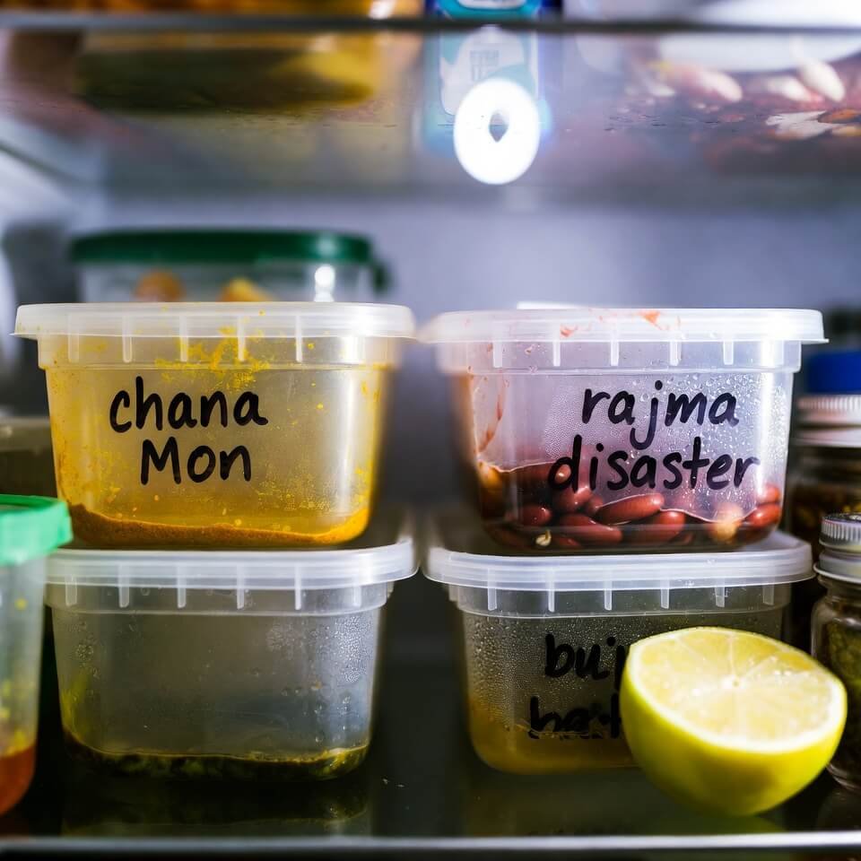 Messy fridge shelf with leaking turmeric containers and handwritten labels