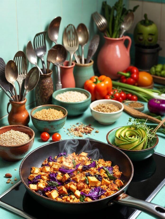 slightly overfilled bowl of scrambled tofu with bright purple kale spilling slightly overfilled bowl of scrambled tofu with bright purple kale spilling