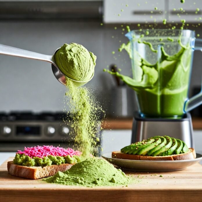 vibrant green pea protein powder spilling dramatically vibrant green pea protein powder spilling dramatically